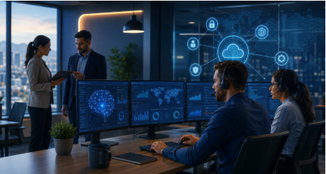 Modern IT professionals using AI-driven tools for cybersecurity monitoring and managed IT services