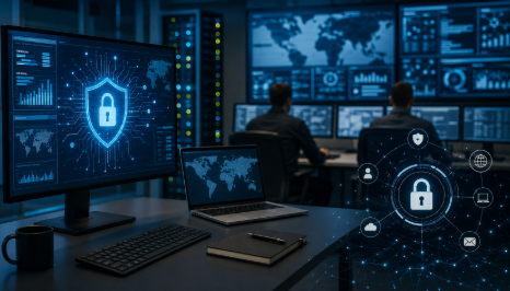 Cybersecurity professionals monitoring business networks and digital security systems through advanced threat detection and network management technology in a modern IT operations center.